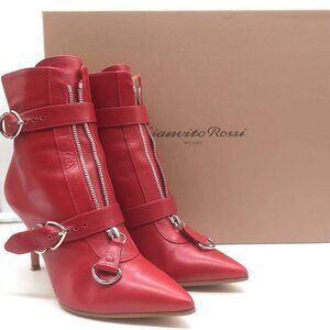 Gianvito Rossi Zip-Front Buckled Ankle Boots Red Leather Size 36.5